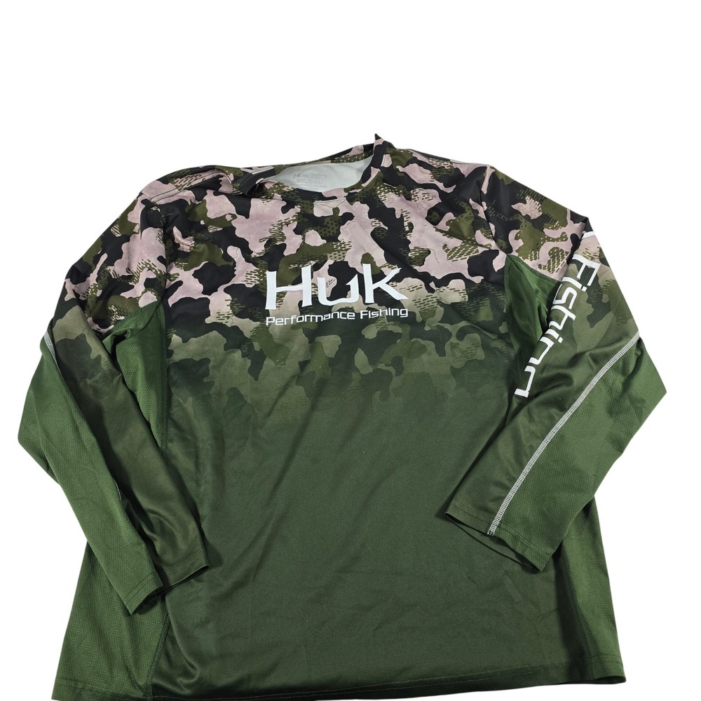 Huk Performance Fishing Shirt Mens XL Green Camo Long Sleeve Breathable Tee